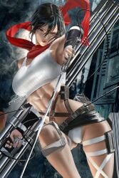 1girls attack_on_titan big_breasts breasts brown_eyes cleft_of_venus fat_mons female female_only highres innie_pussy mikasa_ackerman muscular muscular_female pussy scarf shaved_pussy shingeki_no_kyojin short_hair solo zumi