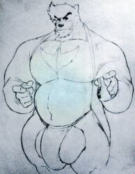 anthro balls bara barazoku beast big_bulge black_nose bulge charlieandalec chest_tuft fundoshi furry gay kumatetsu male male_only monochrome muscles muscular penis sketch solo solo_male the_boy_and_the_beast