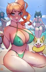 3girls alternate_breast_size ass beach big_breasts bikini breasts casual dark-skinned_female drednaw female female_only himmely huge_breasts large_breasts light-skinned_female light_skin marnie_(pokemon) multiple_girls nessa_(pokemon) nipple_bulge orange_hair outside pokémon_(species) pokemon pokemon_ss sonia_(pokemon) thick_thighs tongue_out yamper