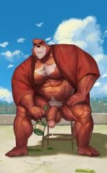 anthro balls bara barazoku beast black_nose bottle chest_tuft drooling furry gay japanese_clothes kumatetsu kusunagi male male_only muscles muscular penis precum red_body red_fur saliva sitting solo solo_male spread_legs the_boy_and_the_beast