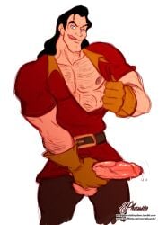 1boy abs balls bara beauty_and_the_beast black_hair blue_eyes body_hair brown_belt brown_pants clothed clothing disney disney_villains erect_penis erection foreskin gaston gloves grabbing_penis hairy hairy_arms hairy_chest hairy_male human licking_lips long_hair long_hair_male male male_focus male_only manly movement_lines muscles muscular muscular_male nipples open_shirt opening_shirt pecs pectorals penis penis_out phausto precum precum_drip presenting presenting_penis red_shirt shirt_open solo solo_focus solo_male speed_lines standing thick_eyebrows thick_penis tongue tongue_out touching_penis uncut veiny_penis white_background