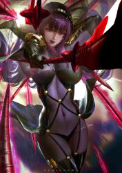 1girls big_breasts breasts fate/grand_order fate_(series) female highres long_hair paid_reward patreon_reward polearm pubic_hair purple_hair red_eyes scathach_(fate) solo zumi