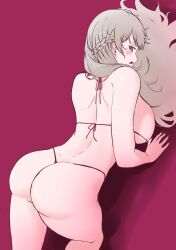 1girls all_fours ass ass_focus back back_view backboob bare_back bare_shoulders big_ass big_breasts big_butt big_shoulders bikini blush braid breasts butt butt_focus clothed_variant gray_hair grey_hair hi_res highres looking_at_viewer looking_back nijisanji nijisanji_en red_eyes reimu_endou round_ass round_butt side_braid solo solo_female solo_focus string_bikini swimsuit virtual_youtuber yarashi_thought
