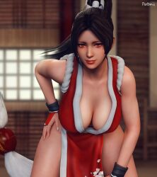 1girls 3d big_breasts clothed fatal_fury indoors king_of_fighters mai_shiranui partemis ponytail red_eyes standing