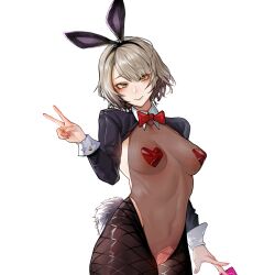 absurdres animal_ears black_thighhighs blush bow bowtie breasts brown_leotard closed_mouth covered_navel covered_nipples cowboy_shot fake_animal_ears fake_tail female fingernails girls'_frontline grey_hair heart_pasties highres large_breasts leotard long_fingernails long_sleeves looking_at_viewer meme_attire nail_polish pasties pink_nails pussy rabbit_ears rabbit_tail red_bow red_bowtie reverse_bunnysuit reverse_outfit short_hair shrug_(clothing) smile solo tail thighhighs torn_clothes torn_leotard traditional_bowtie uncensored v vector_(girls'_frontline) yellow_eyes yi_zhi_ai_xi