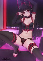 1girls arm_up bangs black_bow black_hair black_panties black_ribbon black_sleeves black_thighhighs blunt_bangs blush bow breasts choker cleavage dancer dancing detached_sleeves earrings female female_only frilled_bow frilled_sleeves frills gate_-_jieitai_ka_no_chi_nite_kaku_tatakaeri hair_ribbon hairbow heart heart_earrings high_heels highres jewelry lingerie long_hair long_sleeves looking_at_viewer nail_polish navel_piercing panties piercing pink_nails pole pole_dancing pussy red_choker red_eyes red_ribbon ribbon rory_mercury see-through_panties shiny shiny_hair side-tie_panties small_breasts solo stripper stripper_pole thigh_strap thighhighs toenail_polish toenails tongue tongue_out underwear vahn_yourdoom very_long_hair watermark web_address