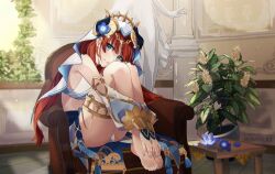 1girls anime_style aqua_eyes blue_eyes blue_nail_polish blue_nails blue_toenail_polish blue_toenails detailed_background exotic exposed_ass fake_horns feet female female_only flowers genshin_impact half-dressed headdress horns hugging_legs knees_on_chest knees_up looking_at_viewer nilou_(genshin_impact) no_sex partially_clothed persian_clothing plant red_hair rumikuu seductive sitting sitting_on_chair smile solo solo_female toes