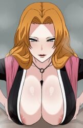 asian asian_female beauty_mark between_breasts big_breasts bleach blue_eyes censored chihel hi_res highres light-skinned_female light_skin looking_at_viewer matsumoto_rangiku mature_female milf mole mole_under_mouth necklace nipples_peek orange_hair paizuri sweat sweating titfuck titjob tits