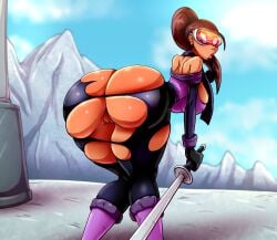 1girls 2018 ass ass_expansion ass_focus bent_over big_breasts breasts cicada dark-skinned_female dark_skin female female_only goggles huge_ass large_breasts looking_back original original_character pussy ripped_clothing ski skiing solo thick_thighs torn_open_bottoms wardrobe_malfunction