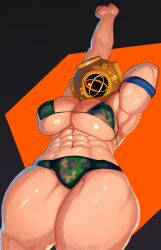 1girls abs arm_band arm_up armpits bikini bikini_bottom bikini_top breasts camouflage color diving_helmet diving_mask glowing_eyes headgear kawaiijetty looking_at_viewer looking_down mcflarey muscular muscular_female original_character six_pack sweat thighs toned toned_female