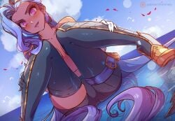 1girls alternate_version_available beach casual female female_only himmely jinx_(league_of_legends) league_of_legends league_of_legends:_wild_rift light-skinned_female light_skin low-angle_view small_breasts teasing