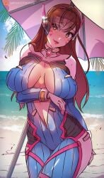 1girls 2d activision alternate_breast_size alternate_version_available beach big_breasts blizzard_entertainment cleavage d.va female female_only himmely inner_sideboob korean korean_female light-skinned_female light_skin nipple_bulge overwatch thick_thighs zero_suit