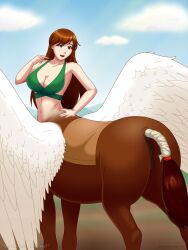 animal_pussy anus brown_body brown_eyes centaur clothing equid equid_taur equine female genitals green_clothing green_topwear hi_res horse humanoid_taur mammal mammal_taur mare_pussy phantom_inker pussy solo taur topwear wings