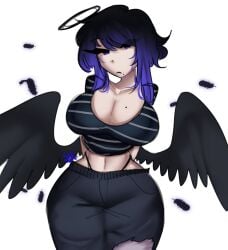 big_breasts boobs child_bearing_hips cizerna cleavage dark_hair feathers female goth goth_girl gothic halo huge_breasts jeans kaina_(megrocks) megrocks mob_face mole mole_on_breast mole_under_mouth pale-skinned_female pale_skin pants solo thick_thighs thong thong_pull twitter twitter_user_oc white_background wings