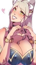 1girls ahri big_breasts blonde_hair breasts cute female female_only happy heart heart_hands himmely k/da_ahri k/da_series league_of_legends light-skinned_female light_skin nipple_bulge smile vastaya