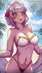 1girls beach bikini female female_only genshin_impact himmely light-skinned_female light_skin medium_breasts navel noelle_(genshin_impact) short_hair smile towel