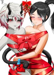 black_hair blush blushing_at_viewer cat_tail catgirl demon_girl demon_horns demon_tail jadenova manice08 mistletoe purple_eyes red_eyes ribbons vr_media vrchat wink winking winking_at_viewer