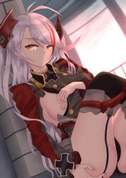 azur_lane cameltoe female one_breast_out orange_eyes prinz_eugen_(azur_lane) sitting solo white_hair zynxy