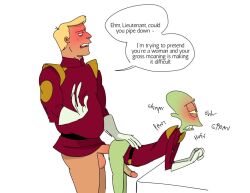 alien amphibiosan blonde_hair blush cadekepler clothing comedy_central duo erection futurama hair human kif_kroker male male/male mammal sex_from_behind simple_background teeth uniform white_background zapp_brannigan