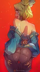 1girls ass ass_focus ass_grab blonde_hair cameltoe female female_only himmely jacket jacket_pull league_of_legends light-skinned_female light_skin looking_back thigh_gap zeri_(league_of_legends)