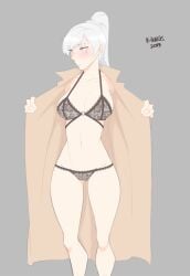 alternate_breast_size arcbun big_breasts bra breasts breasts_out coat embarrassed exhibitionism female flashing flashing_breasts k-inesis lace lace-trimmed_bra lace-trimmed_panties lingerie panties rwby scar see-through see-through_bra see-through_panties trenchcoat weiss_schnee white_hair