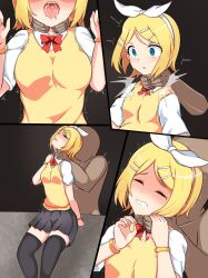 !? 1boy 1boy1girl 1girls big_breasts black_legwear blonde_hair blue_eyes bow bow_tie bracelet bracelets breasts choking comic faceless_male female female_focus hairclip hands_around_neck kagamine_rin legwear male male/female milliani neck_grab open_mouth saliva saliva_string saliva_trail school_uniform short_hair skirt surprised tearing_up tears thick_thighs trembling unseen_male_face vocaloid yellow_hair