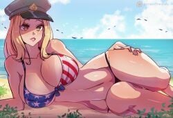 1girls alternate_version_available american_flag american_flag_bikini beach bikini blonde_hair camie_utsushimi cleavage female female_only himmely huge_breasts light-skinned_female light_skin my_hero_academia navel shiketsu_high_school_cap sideboob thick_thighs