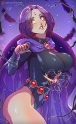 1girls alternate_version_available big_ass big_breasts dc dc_comics female female_only himmely light-skinned_female nipple_bulge purple_eyes purple_hair rachel_roth raven_(dc) teen_titans thick_thighs