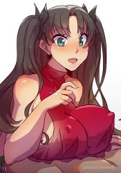 1girls blue_eyes fate/stay_night fate_(series) female female_focus himmely huge_breasts light-skinned_female light_skin navel nipple_bulge paizuri paizuri_under_clothes tohsaka_rin twintails