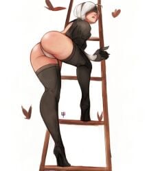 1girls ass ass_focus blindfold boots bubble_butt butt climbing climbing_ladder female female_only hairband heels high_heel_boots high_heels ladder leotard nier:_automata on_ladder rear_view robot_girl thick_thighs white_hair yorha_2b