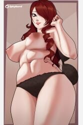 abs black_panties bra_removed breasts female_only hair_over_one_eye mitsuru_kirijo nipples persona persona_3 red_eyes red_hair removed_bra solo solo_female spicyburrd thick_thighs toned toned_female