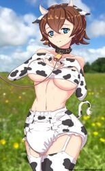 1girls bell bell_collar blue_eyes bra breasts brown_hair collar cow_ears cow_horns cow_print cow_print_bra cow_print_gloves cow_print_thighhighs cow_tail cowbell diaper fake_animal_ears fake_horns fake_tail garter_straps gloves hand_on_breast large_breasts leash lilith-fetish looking_at_viewer navel outside short_hair strapless_bra thighhighs yuhi_(sofia's_secret)