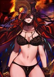 1girls bangs belly_button black_bra black_hair black_panties bra breasts brown_hair brown_hair cape choker cowboy_shot earrings family_crest fate/grand_order fate_(series) female female_focus female_only floating_hair gloves gold_(metal) groin hair_between_eyes hat koha-ace light-skinned_female light_skin long_hair looking_at_viewer march_ab medium_breasts military_hat military_jacket navel oda_nobunaga_(fate) one_eye_covered only_female open_mouth pale-skinned_female panties peaked_cap red_eyes solo solo_female solo_focus standing stomach underwear uniform very_long_hair wind wind_lift