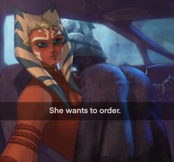 2girls ahsoka_tano alien alien_girl armlet armwear ass ass_focus barriss_offee car car_interior cleavage cleavage_cutout clone_wars clothed clothed_female clothing dialogue duo english_text eyes facial_markings female female_only fully_clothed he_wants_to_order headgear holding_phone hood horn humanoid looking_at_viewer markings meme mirialan multiple_girls orange_body phone phone_screen raikoh-illust red_clothing selfie she_wants_to_order skirt sleeveless snapchat star_wars tagme taking_picture tentacle tentacle_hair text the_clone_wars:_season_four the_clone_wars:_season_three togruta vehicle violet_clothing