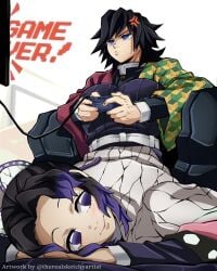 1boy 1girls blush controller demon_slayer fat_ass female game_over gyushino kimetsu_no_yaiba kochou_shinobu megan_thee_stallion_redraw_meme naughty_face purple_eyes therealsketchyartist tomioka_giyuu video_games