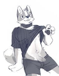 anthro asnnonaka blep bottomwear canid cheek_tuft clothed clothing clothing_lift collar erection facial_tuft genitals glans head_tuft hi_res humanoid_genitalia humanoid_penis leaning leaning_back looking_at_viewer male male_only mammal monochrome narrowed_eyes nipples penis poking_out shirt shirt_lift simple_background sitting solo tongue tongue_out topwear tuft unsigned