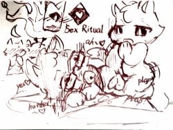 anthro arisel_uwu bell blush blush_lines bulge clothing cult_of_the_lamb domestic_cat english_text eyewear felid feline felis glasses group hat headgear headwear hi_res male male/male mammal red_crown_(cult_of_the_lamb) simple_background text tinky_(character) white_background