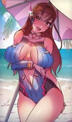 1girls 2d activision alternate_breast_size alternate_version_available beach big_breasts blizzard_entertainment cleavage d.va female female_only himmely inner_sideboob korean korean_female light-skinned_female light_skin nipple_bulge overwatch thick_thighs zero_suit