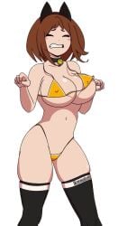 1girls 2boys animated bikini black_thighhighs blowing_kiss brown_eyes brown_hair cat_ears covered_erect_nipples covered_nipples dance dancing drakonaskar fake_animal_ears female hard_nipples heart-shaped_pupils highleg_bikini izuku_midoriya katsuki_bakugou male mp4 music my_hero_academia neck_bell neko nipple_bulge ochako_uraraka patreon sad_cat_dance shorter_than_30_seconds socks solo sound thigh_socks thighhighs thong video