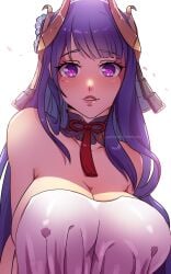 1girls cleavage female female_only genshin_impact himmely huge_breasts light-skinned_female light_skin looking_at_viewer nipple_bulge purple_eyes purple_hair raiden_shogun