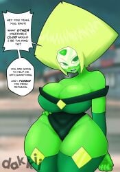 1girls angry big_ass big_breasts big_butt dakkii female female_only green_eyes green_skin huge_ass huge_breasts huge_butt peridot_(steven_universe) solo steven_universe tagme text