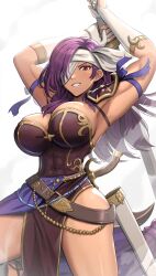 1girls abs absurdres anniversary arm_ribbon armpits arms_up bangs blue_ribbon blue_sash breasts bridal_gauntlets dark-skinned_female dark_skin eyepatch female female_only fire_emblem fire_emblem:_new_mystery_of_the_emblem fire_emblem:_shadow_dragon fire_emblem_heroes gonzarez grin hair_over_one_eye headband highres large_breasts long_hair malice_(fire_emblem) midriff muscular muscular_female nintendo pelvic_curtain purple_hair ribbon sash scabbard sheath skindentation smile sword sword_behind_back teeth thighs two-handed_sword weapon