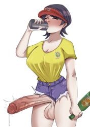 1futa asian asian_female balls big_balls black_hair booty_shorts breaking_bad bush cap closed_eyes clothed clothing dokima drunk erection futa_only futanari huge_cock human komi-san_wa_komyushou_desu komi_shuuko light-skinned_futanari light_skin los_pollos_hermanos mature_futa milf minishorts mostly_clothed penis penis_out precum precum_drip short_hair shorts solo standing testicles veiny_penis