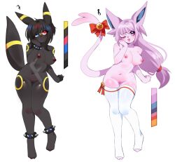 2girls :3 anthro black_hair blue_eyes blush breasts cute_fang espeon female freckles fredek666 heterochromia looking_at_viewer multiple_girls navel nude one_eye_closed open-mouth_smile pokémon_(species) pokemon purple_hair pussy thighhighs umbreon wink