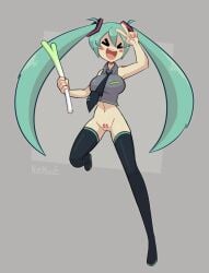 alternate_breast_size aqua_hair bare_arms bare_shoulders blue_hair blush bottomless closed_eyes crop_top happy hatsune_miku holding_object leek leg_up long_hair midriff navel nekuzx no_panties open_mouth peace_sign pigtails pubic_tattoo pussy stockings thighhighs thighs tie vocaloid