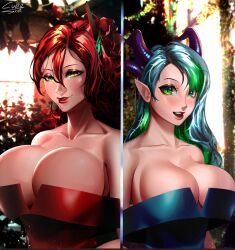 2girls big_breasts blue_hair breast_comparison breasts breasts_bigger_than_head busty cleavage cubeskar detailed detailed_background dragon_girl elf_ears female female_focus female_only froot full_color green_eyes green_highlights hair hair_ornament horns large_breasts multiple_girls red_hair seductive seductive_eyes seductive_look size_difference smile smiling smiling_at_viewer two_tone_hair upper_body virtual_youtuber vshojo vtuber yellow_eyes zentreya