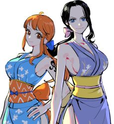 2020s 2022 2girls black_hair blue_eyes breasts busty cleavage clothed female female_only japanese_clothes japanese_clothing kunoichi looking_at_viewer matching_hair/eyes multiple_girls nami nico_robin onami one_piece orange_eyes orobi post-timeskip post_timeskip raine_(acke2445) red_hair shounen_jump sideboob tagme wano_country