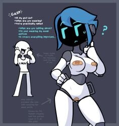 ? android bandaid blue_nipples blush breasts casual confused confused_look covered_nipples covered_pussy cute_face female handles handles_on_hips lav_(nekuzx) male mob_face mostly_nude nekuzx nipples nude original original_character robot robot_girl screen_face sweat tagme text white_skin