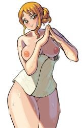 1girls areolae big_breasts breasts edu_pompom eye_contact female female_only light_skin long_hair looking_at_viewer nami nipples one_piece orange_eyes orange_hair post-timeskip solo standing thick_thighs thighs towel wet_hair wet_skin wide_hips