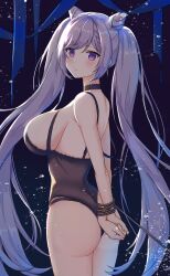 absurdres arms_behind_back ass bangs bare_arms bare_shoulders black_leotard blush bondage bound braid breasts choker closed_mouth cone_hair_bun double_bun female genshin_impact hair_bun highres keqing_(genshin_impact) large_breasts leotard long_hair looking_at_viewer purple_eyes purple_hair ronnie_z rope sideboob solo twintails very_long_hair